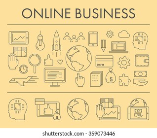 Line design concept horizontal banner for online business. Vector landing page and linear icons