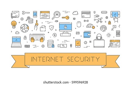 Line design concept for internet security. Creative style banner for cyber security. Open path.