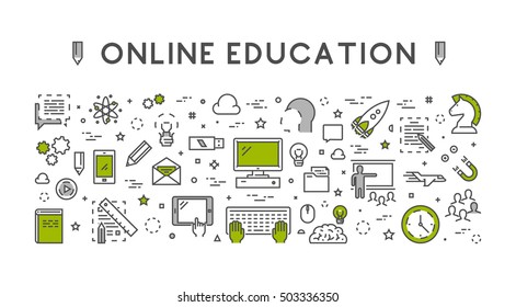 Line design concept for online education and e-learning. Vector landing page. Black and green.