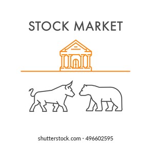 Line design concept for stock market. Vector silhouette figures bull and bear. Linear stock logo and symbol.