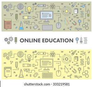 Line design concept web banner for online education and e-learning. Linear vector set