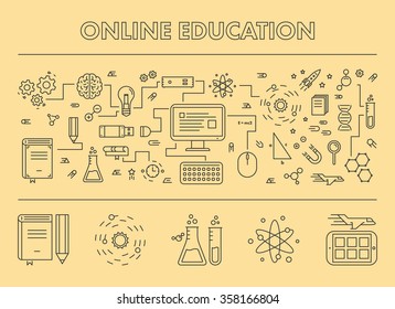 Line design concept web banner for online education and e-learning. Vector landing page