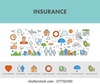 Line design concept web banner and icons for insurance.