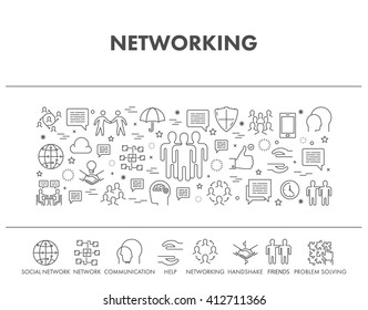 Line design concept web banner and icons for networking.