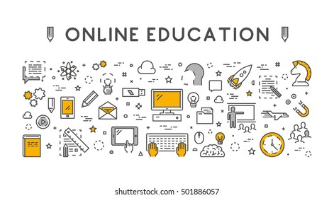 Line design concept web banner for online education and e-learning. Vector landing page. Black and yellow.