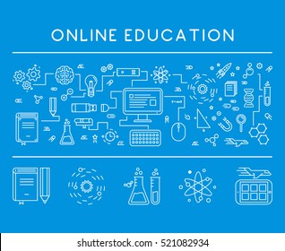 Line design concept web banner for online education and e-learning. Vector landing page. White and blue.