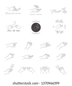 Liniendesign-Elemente der Hand. Logo für Verpackung, Kosmetik. Set.