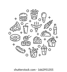 Line design with fast food and drink elements isolated on white background. Vector illustration.