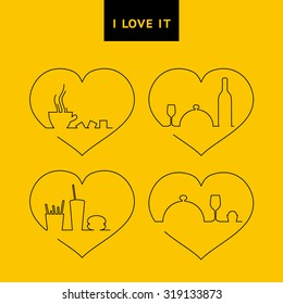 Line design of food icon set. Abstract food hearts pack. Useful for mobile applications, illustration template design, business infographic, presentation, concept invitation. Vector illustration.