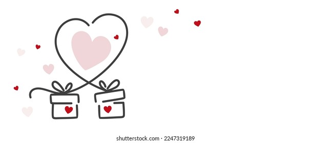 Line design heart and gift boxes with pink red hearts in background for Valentine's Day greeting card