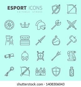 Line design icon set of MMORPG video game and esport concept. Editable stroke vector icon.