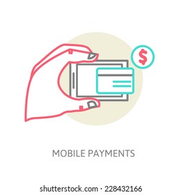 line design illustration in  modern stylish processing of mobile payments concept of hand touch screen. processing of mobile payments. vector eps 10