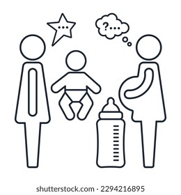 Line design of the meeting of a pregnant woman and a woman who has given birth to a baby, a symbol of motherhood.