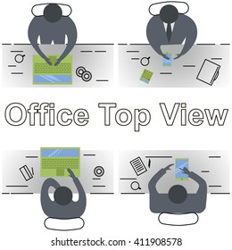 Line design modern vector illustration concept of office workplace. Top view.  Office abstract line design.