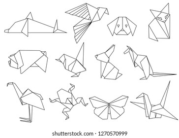 Line design. Origami japanese animal set. Modern hobby. Flat vector illustration isolated on white background. Colorful paper animals, low polygonal design.