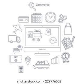 Line design poster, concept with icons of internet shopping and e-commerce symbols. Vector illustration.
