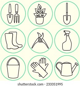 Line design set of gardening tool icons isolated on white background.