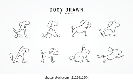 Line design set, pet, dog, art pattern symbol, dog, black line, dog drawn line on white background. Modern product labels for veterinarians, zoos, pet food logos.