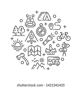 Line design with summer camping trip or tourism elements isolated on white background. Vector illustration.