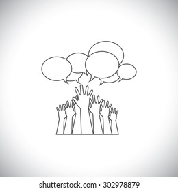 line design vector - abstract hands of people requesting help, assistance. This vector graphic also represents person seeking love, care, aid, support, etc