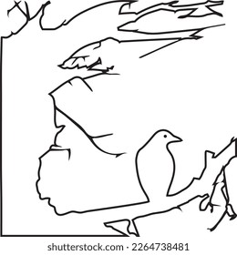 line design vector illustration crow with tree.