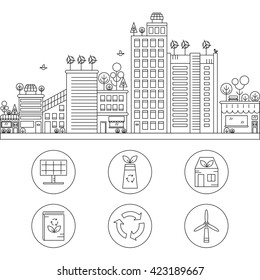 Line design vector illustration with ecology city. Green city concept with eco icons. Green energy - green house, wind turbines, solar panels.