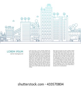 Line design vector illustration with ecology city. Green city concept with eco icons. Green energy - green house, wind turbines, solar panels.