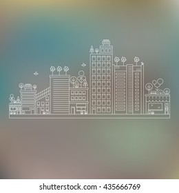 Line design vector illustration with ecology city. Green city concept with eco icons. Green energy - green house, wind turbines, solar panels.