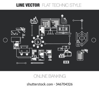 Line design, web line concept of online banking, payment and Online Shopping. Modern vector line infographic design illustration composition. 