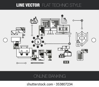 Line design, web line concept of online banking, payment and Online Shopping. Modern vector line infographic design illustration composition. 
