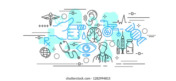 Line Design Website Banner Of Health Care And Clinic And Hospital Facilities. Modern Vector Illustration For Web Design With Marketing And Print Material. 