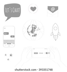 Line designed icons: streamer, technology, digital world, rocket launch, sms bubbles, earth, smart phone, live stream, e-mail, text stickers. Vector illustration