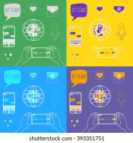 Line designed icons: streamer, technology, digital world, rocket launch, sms bubbles, earth, smart phone, live stream, e-mail, text stickers. Vector illustration