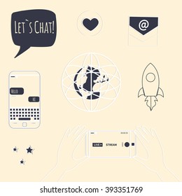 Line designed icons: streamer, technology, digital world, rocket launch, sms bubbles, earth, smart phone, live stream, e-mail, text stickers. Vector illustration