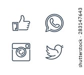 Line designed vector icons of like, handset, camera and bird for social media, websites, interfaces. Like icon eps. Social media icons set.