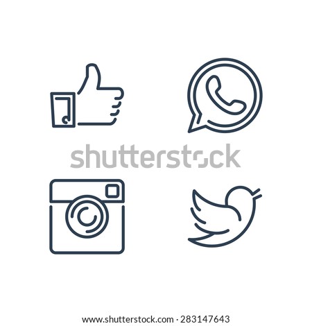 Line designed vector icons of like, handset, camera and bird for social media, websites, interfaces. Like icon eps. Social media icons set.