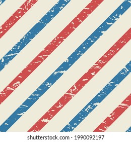 Zeilendiagonales Grunge-Muster. Barbermast, traditioneller Hintergrund. Barbershop kratzte Tapete. Vektorrote, weiße und blaue nahtlose Textur. Vintage-Ornament