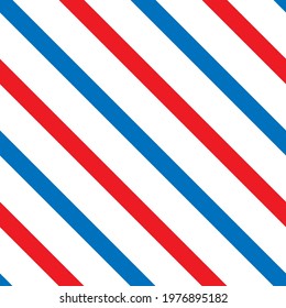 Line diagonal pattern. Barber pole traditional background. Barbershop symbol. Vector red, white and blue seamless texture. 