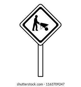 line diamond caution emblem and laborer with wheelbarrow