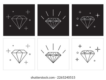 Line diamond icon set isolated on black and white background. Flat linear outline sign. Diamond pictograms. 
