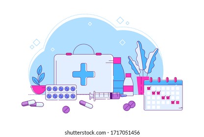 Line different medical pills vector illustration. First-aid kit, set medical devices and medicines designed to provide timely first aid. Injections, capsules according doctor s prescription.