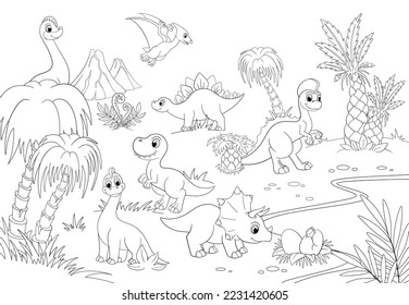 Line dinos on jungle, dinosaur t-rex, palm tree and volcano. Outline pterodactyl flying, cute dino and eggs. Coloring for children template, vector prehistoric cartoon landscape