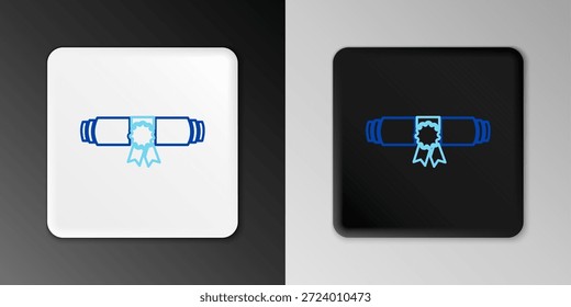 Diploma de línea enrollado scroll con sello e icono de cinta aislado sobre fondo gris. Rollo de papel con sello de cera. Certificado comercial. Concepto de contorno colorido. Vector