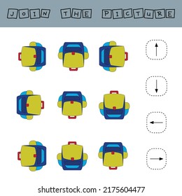 Line up the directions of the backpacks. Educational children's game, worksheet for activities with children, vector illustration