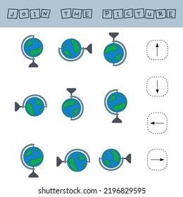Line up the directions of the globes. Educational children's game, worksheet for activities with children, vector illustration