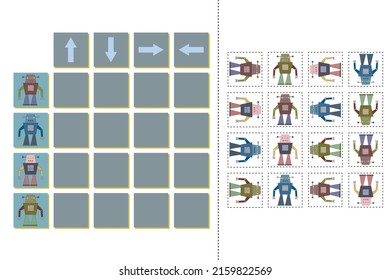 Line up the directions of the robots. Educational children's game, worksheet for activities with children, vector illustration