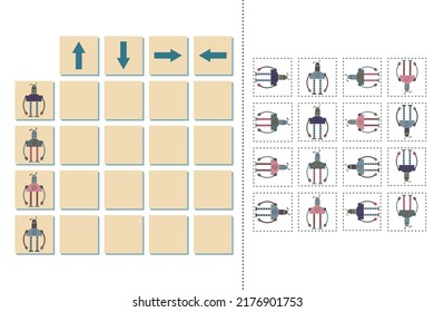 Line up the directions of the robots. Educational children's game, worksheet for activities with children, vector illustration