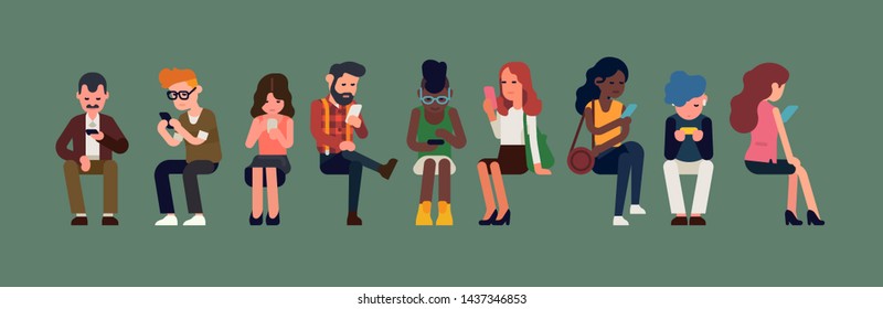 Line up of diverse sitting people using their phones. Technology, social media and texting addiction concept illustration with multiracial group of women and men using WiFi access or mobile internet