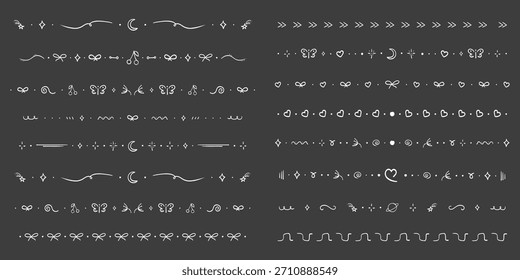 Separador de línea, linda textura de tiza de borde dibujado a mano separador de Elementos. Establecer marcos de doodle geométricos con arcos, corazones, luna. Estrellas y Formas geométricas. Encaje decoración Horizontal.