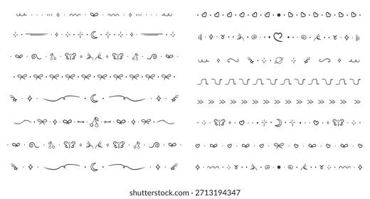 Separador de línea, lindo separador de Elementos dibujado a mano. Establecer marcos de doodle geométricos con arcos, corazones, luna. Estrellas y Formas geométricas. Encaje decoración Horizontal.